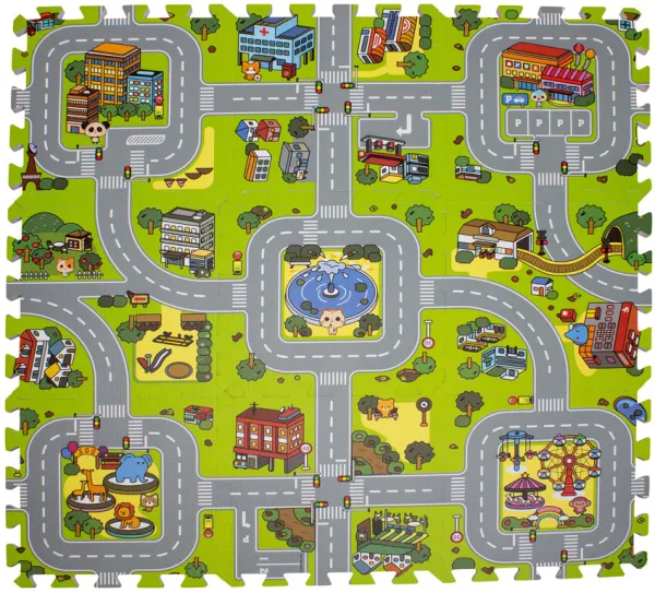 Leikkimatto, jossa on tie- ja kaupunkikuvio. 9 palaa